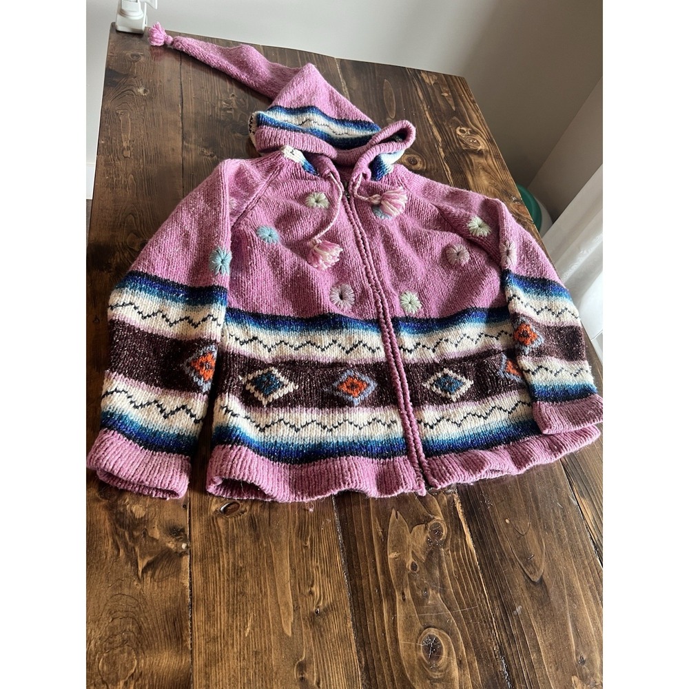 Earth Ragz Knit Hoodie L Pink Purple Zig Zag Flowers BoHo Hippy Pointy Ho